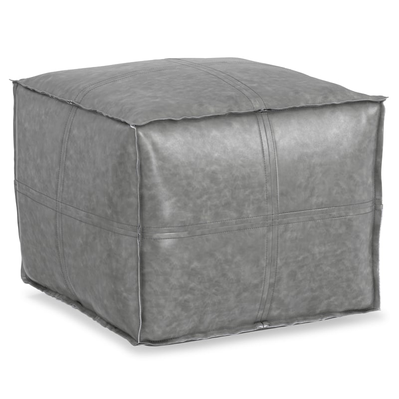 Pemberly Row Boho Square Pouf in Distressed Gray Faux Leather