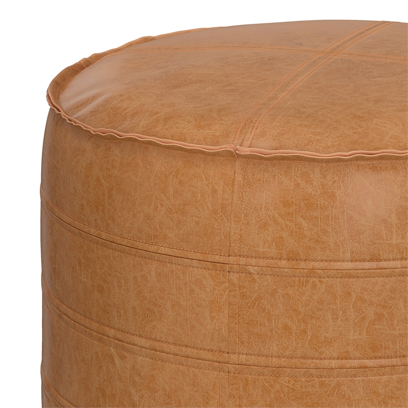 Pemberly Row Boho Round Pouf in Distressed Brown Faux Leather