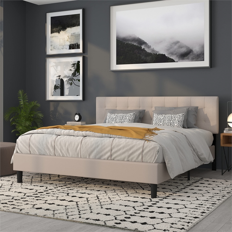 Pemberly Row Contemporary King Fabric Panel Headboard in Beige