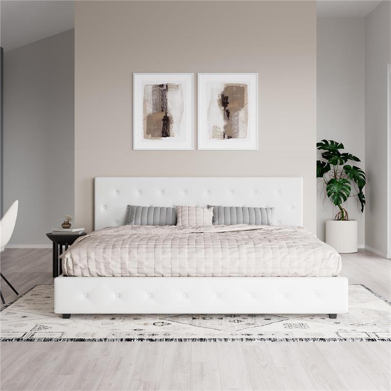 Pemberly Row Modern Upholstered Bed King in White Faux Leather