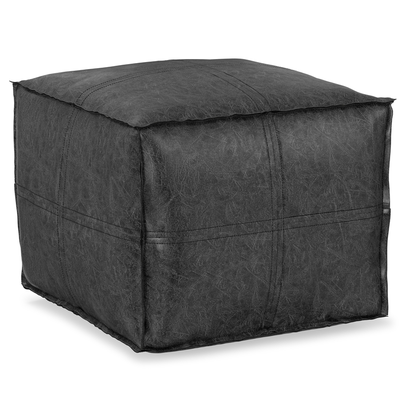 Pemberly Row Boho Square Pouf in Distressed Black Faux Leather