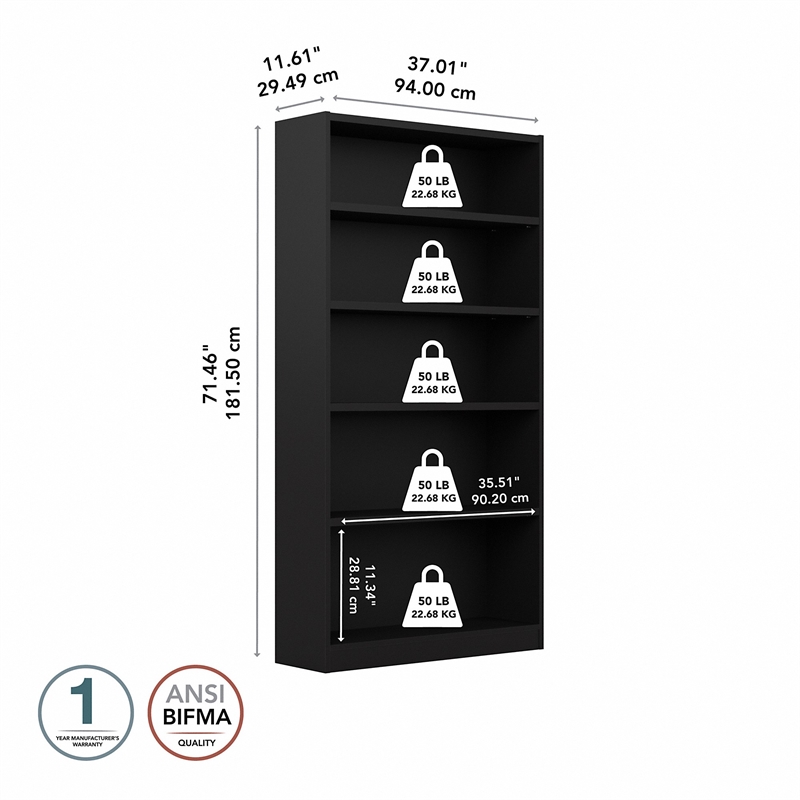 Pemberly Row Modern Universal 5 Shelf Bookcase in Classic Black
