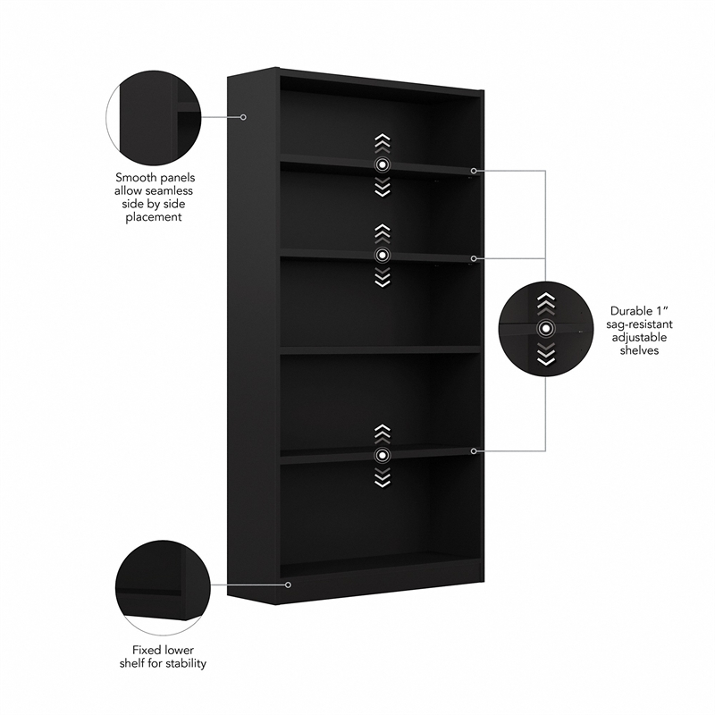 Pemberly Row Modern Universal 5 Shelf Bookcase in Classic Black