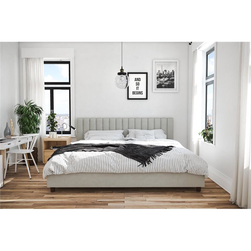 Pemberly Row Modern Upholstered Bed in King in Light Gray Linen