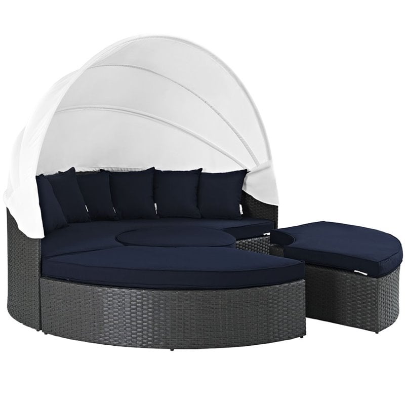 Pemberly Row Aluminum Rattan Fabric Patio Daybed in Canvas/Navy