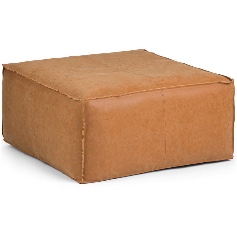 Pemberly Row Boho Square Large Coffee Table Pouf in Brown Faux Leather
