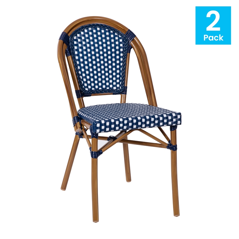 Pemberly Row Modern Paris Rattan Chairs in Navy/White (Set of 2)