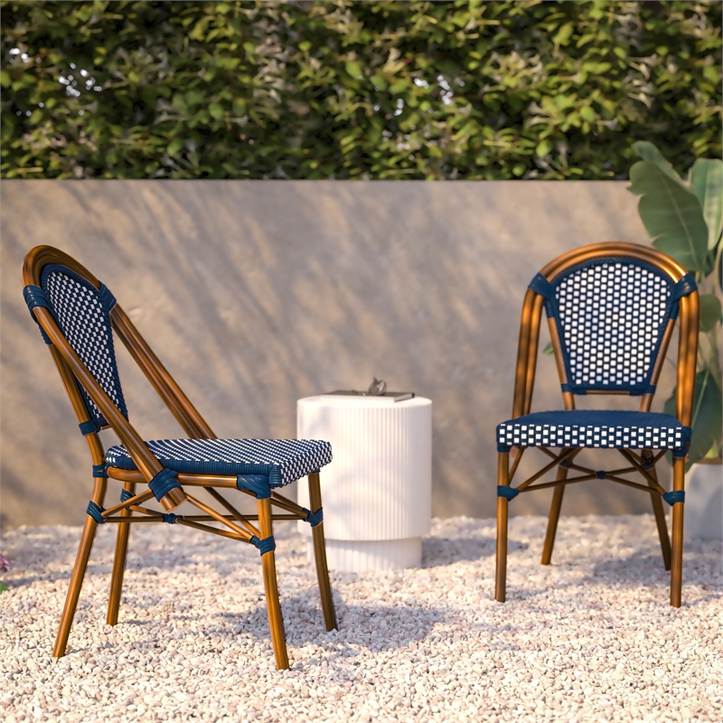 Pemberly Row Modern Paris Rattan Chairs in Navy/White (Set of 2)