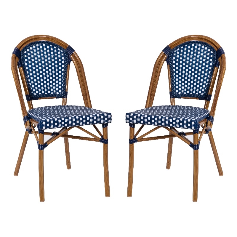 Pemberly Row Modern Paris Rattan Chairs in Navy/White (Set of 2)
