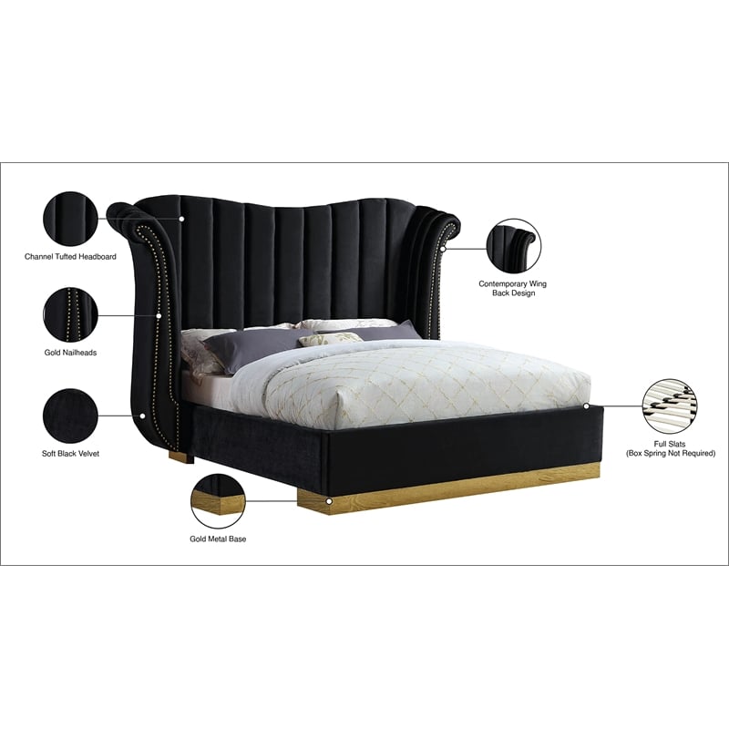 Pemberly Row Contemporary Solid Wood and Velvet King Bed in Black