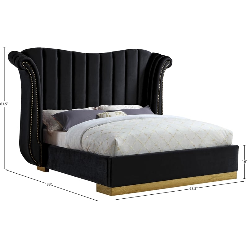 Pemberly Row Contemporary Solid Wood and Velvet King Bed in Black
