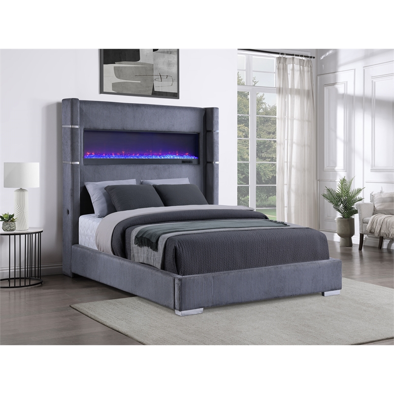 Pemberly Row Wingback Upholstered Fabric Queen Fireplace Bed Gray
