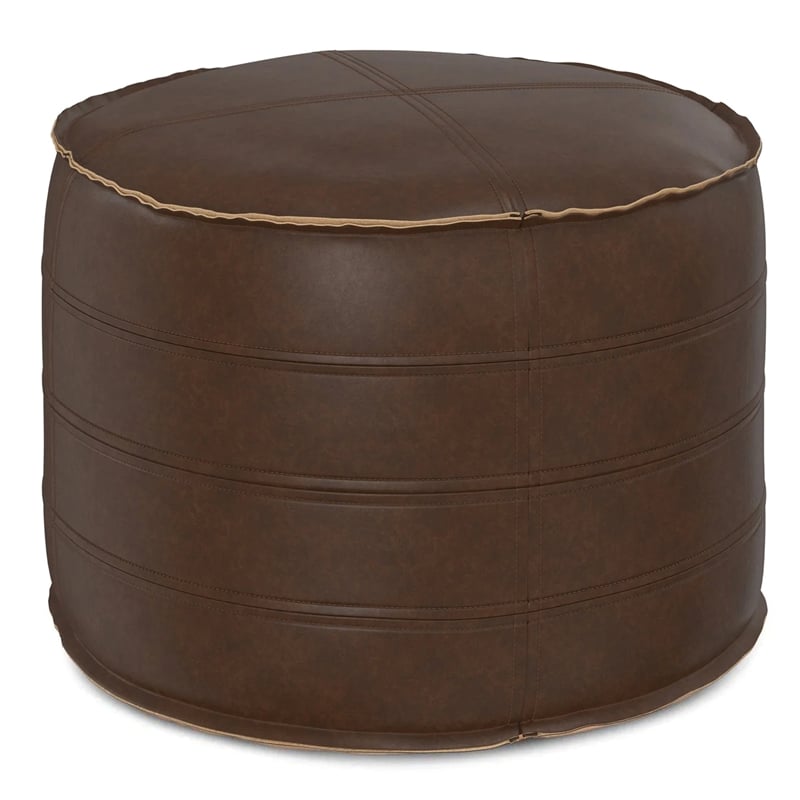 Pemberly Row Boho Round Pouf in Distressed Dark Brown Faux Leather
