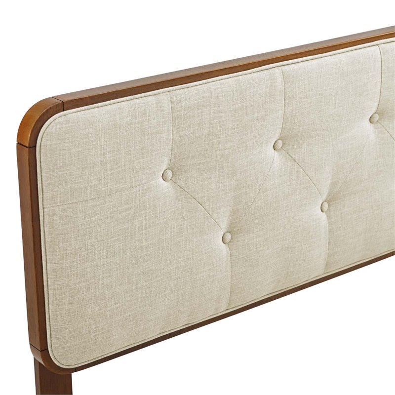 Pemberly Row Tufted Twin Fabric and Wood Headboard in Walnut/Beige