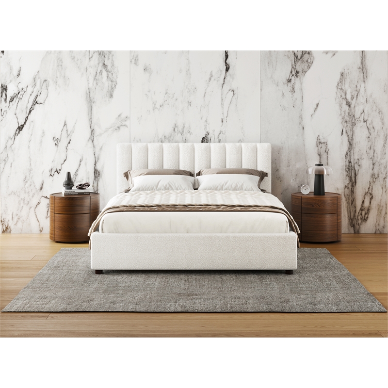 Pemberly Row Upholstered Platform Queen Bed in White Boucle Fabric