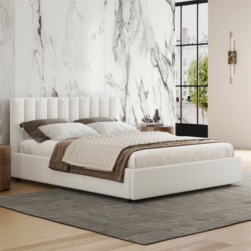 Pemberly Row Upholstered Platform Queen Bed in White Boucle Fabric