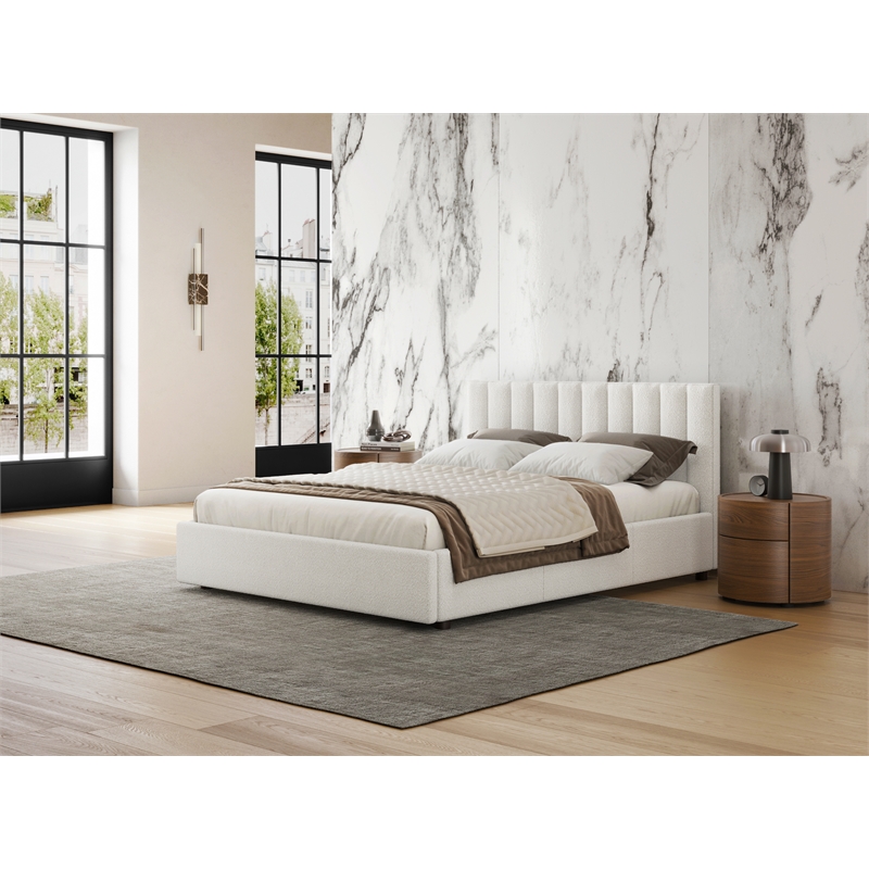 Pemberly Row Upholstered Platform Queen Bed in White Boucle Fabric