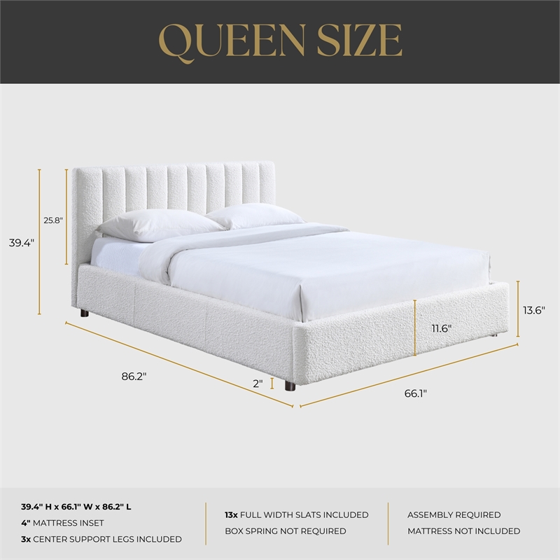 Pemberly Row Upholstered Platform Queen Bed in White Boucle Fabric