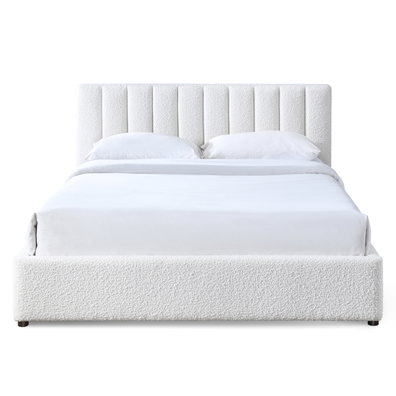 Pemberly Row Upholstered Platform Queen Bed in White Boucle Fabric