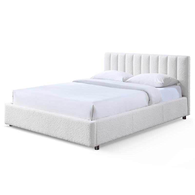 Pemberly Row Upholstered Platform Queen Bed in White Boucle Fabric