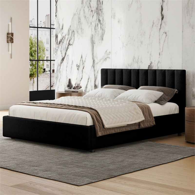 Pemberly Row Upholstered Platform Queen Bed in Black Boucle Fabric