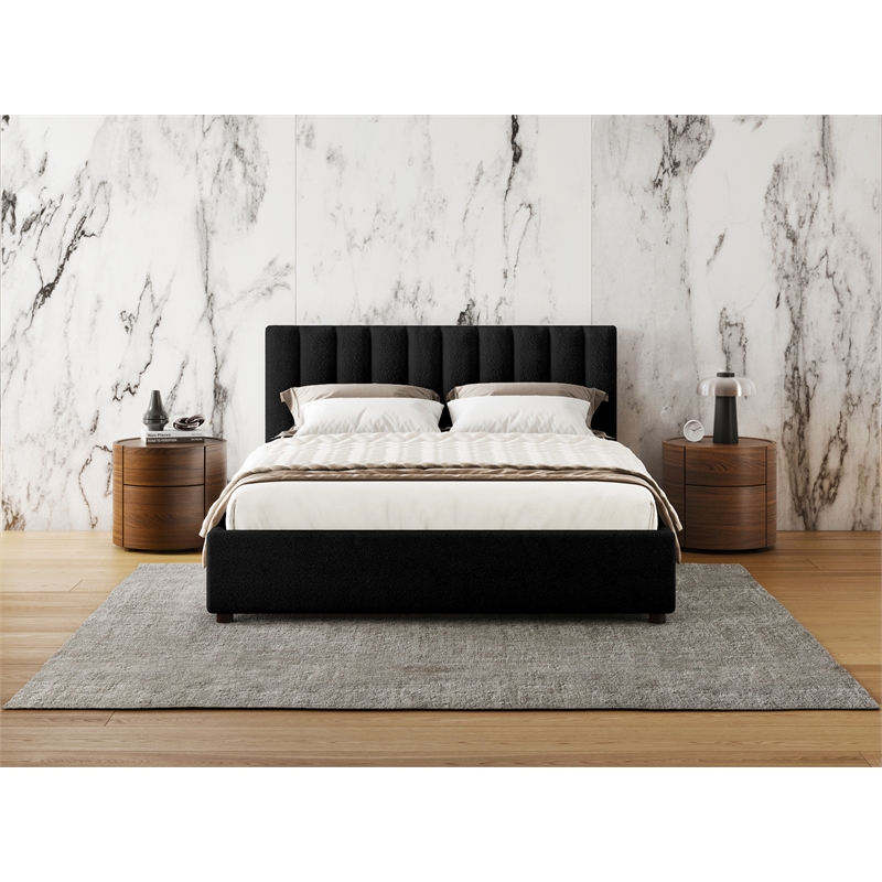 Pemberly Row Upholstered Platform Queen Bed in Black Boucle Fabric