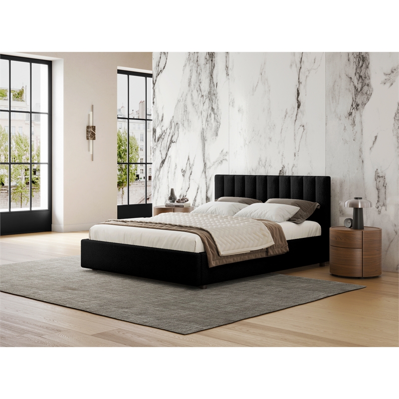 Pemberly Row Upholstered Platform Queen Bed in Black Boucle Fabric