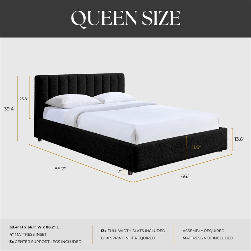 Pemberly Row Upholstered Platform Queen Bed in Black Boucle Fabric