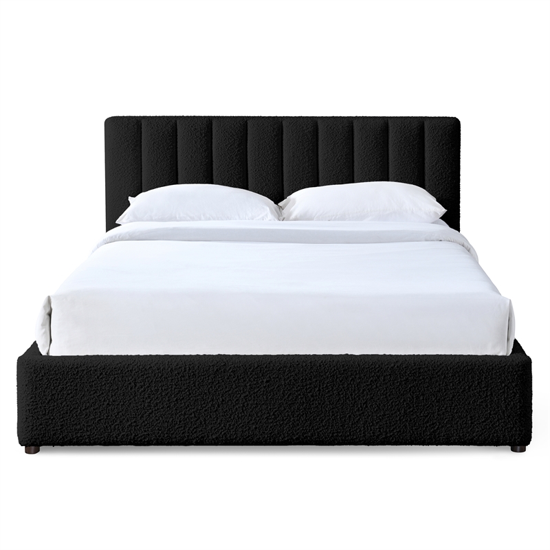 Pemberly Row Upholstered Platform Queen Bed in Black Boucle Fabric