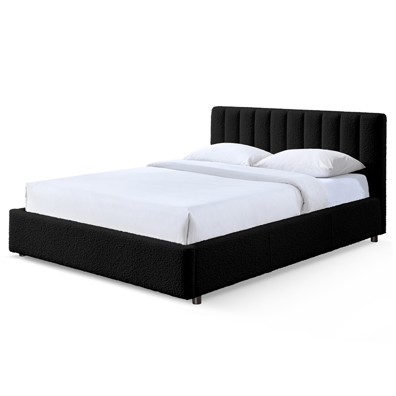 Pemberly Row Upholstered Platform Queen Bed in Black Boucle Fabric
