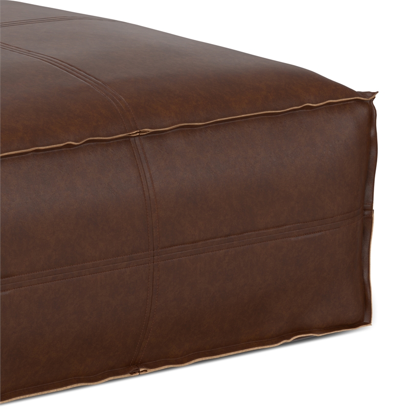 Pemberly Row Boho Square Pouf in Distressed Dark Brown Faux Leather