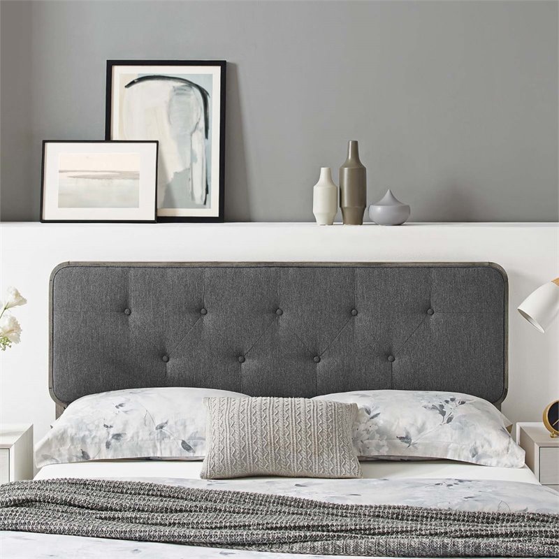 Pemberly Row Tufted King Fabric and Wood Headboard in Gray/Charcoal