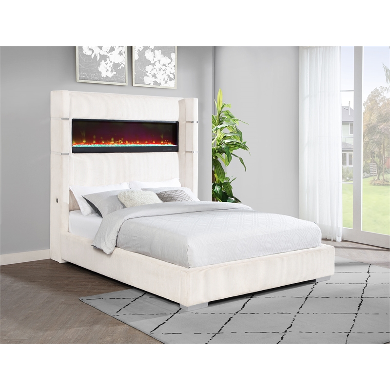 Pemberly Row 67-inch Fabric Upholstered Queen Fireplace Bed in Cream