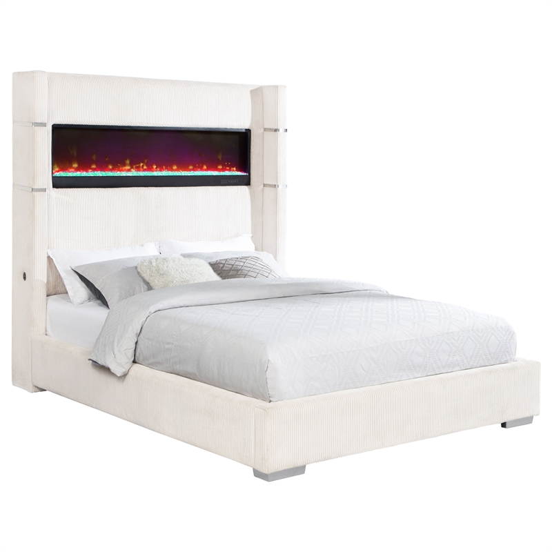 Pemberly Row 67-inch Fabric Upholstered Queen Fireplace Bed in Cream
