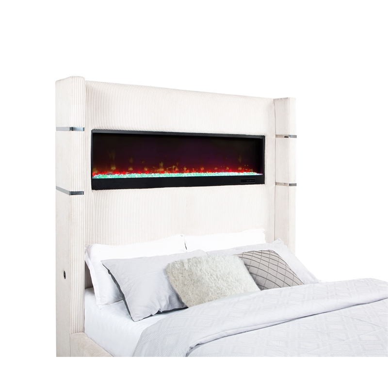 Pemberly Row 67-inch Fabric Upholstered Queen Fireplace Bed in Cream