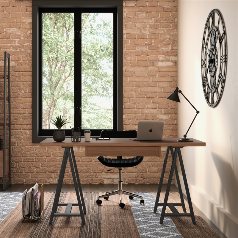 Pemberly Row Industrial 60 inch Wide Solid WALNUT Wood and Metal Desk