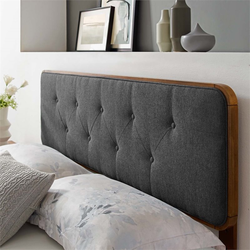 Pemberly Row Tufted Twin Fabric and Wood Headboard in Walnut/Charcoal