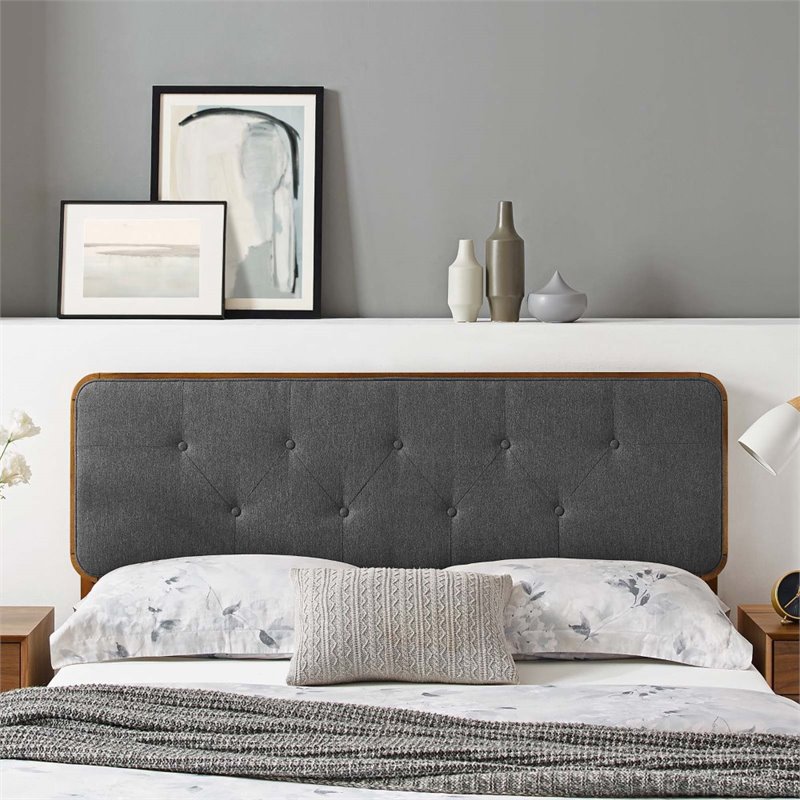 Pemberly Row Tufted Twin Fabric and Wood Headboard in Walnut/Charcoal