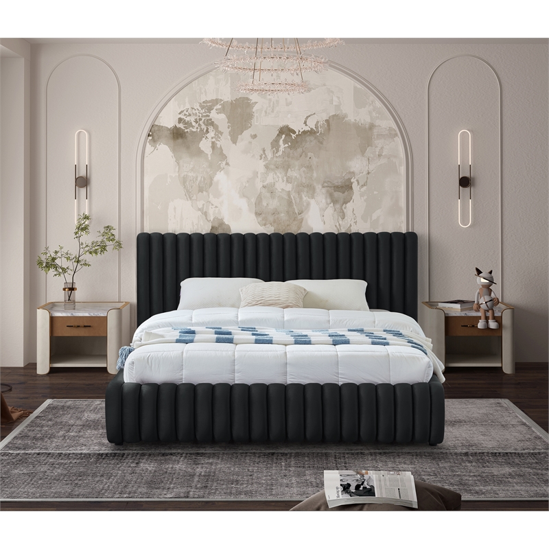 Pemberly Row Contemporary Deep Channel Tufted Rich Black Velvet Full Bed