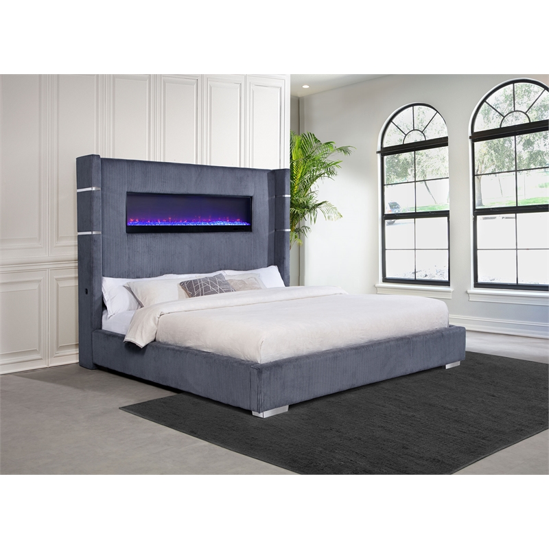 Pemberly Row Wingback Upholstered Fabric Eastern King Fireplace Bed Gray