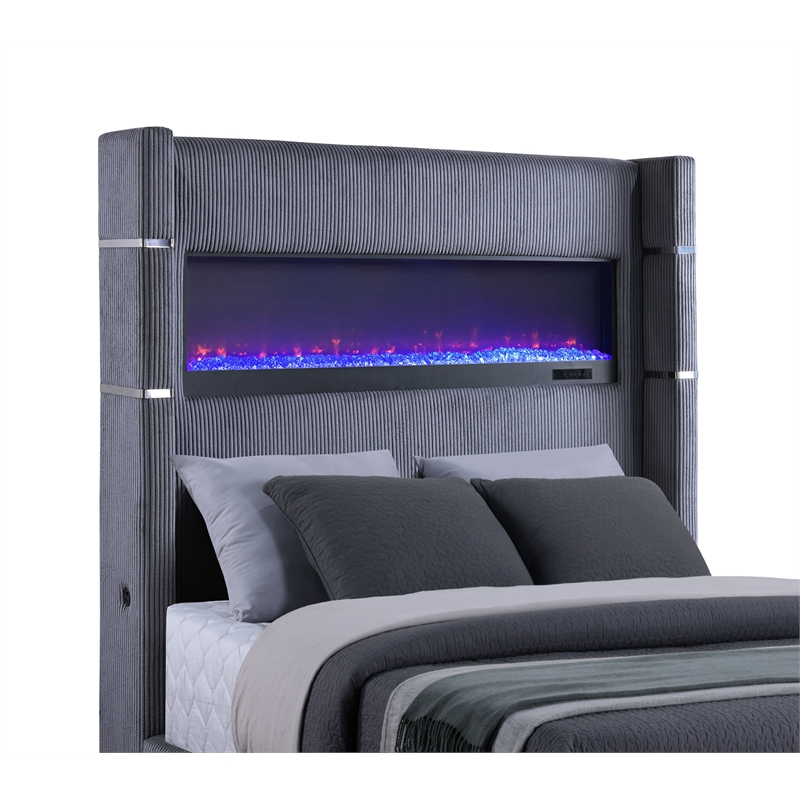 Pemberly Row Wingback Upholstered Fabric Eastern King Fireplace Bed Gray