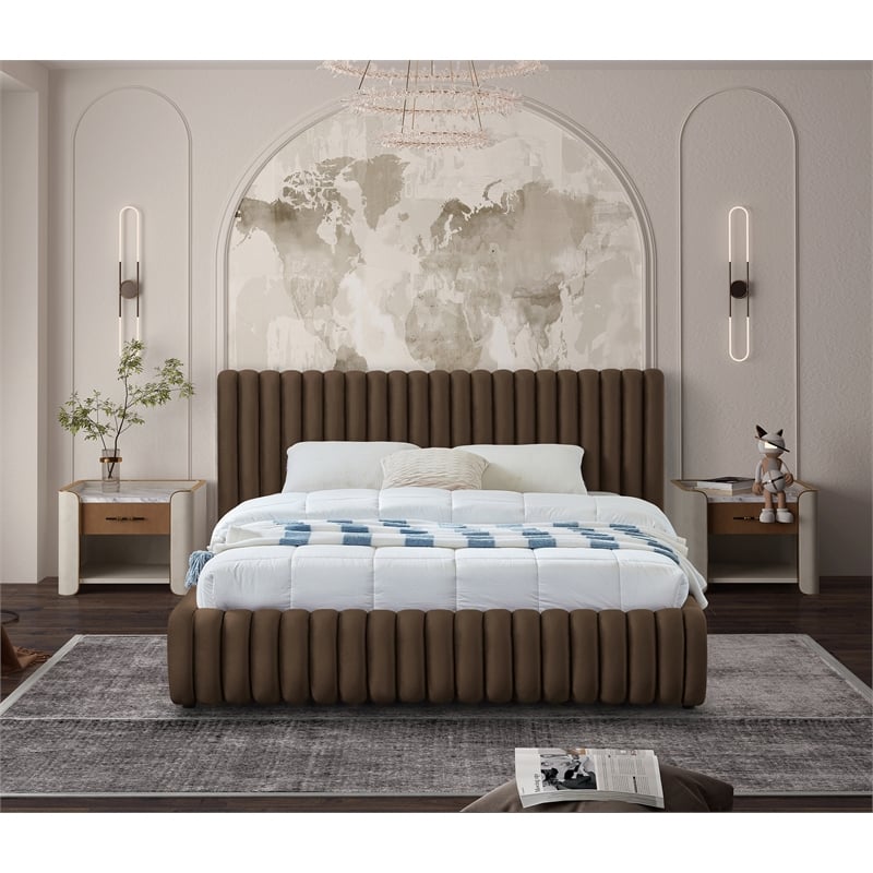 Pemberly Row Contemporary Deep Channel Tufted Rich Brown Velvet Queen Bed
