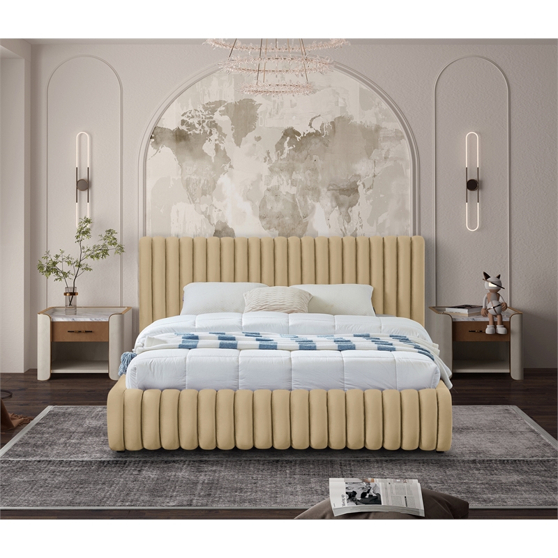 Pemberly Row Contemporary Deep Channel Tufted Rich Camel Velvet Queen Bed