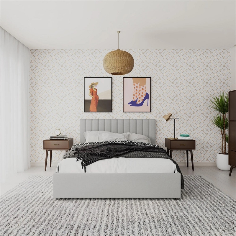 Pemberly Row Fabric Upholstered Queen Bed w/Storage Drawers in Light Gray