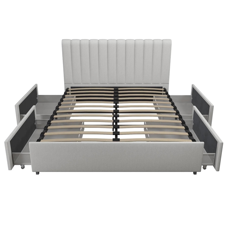 Pemberly Row Fabric Upholstered Queen Bed w/Storage Drawers in Light Gray