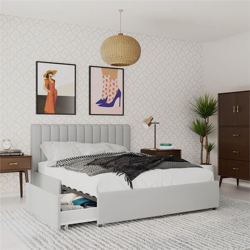 Pemberly Row Fabric Upholstered Queen Bed w/Storage Drawers in Light Gray