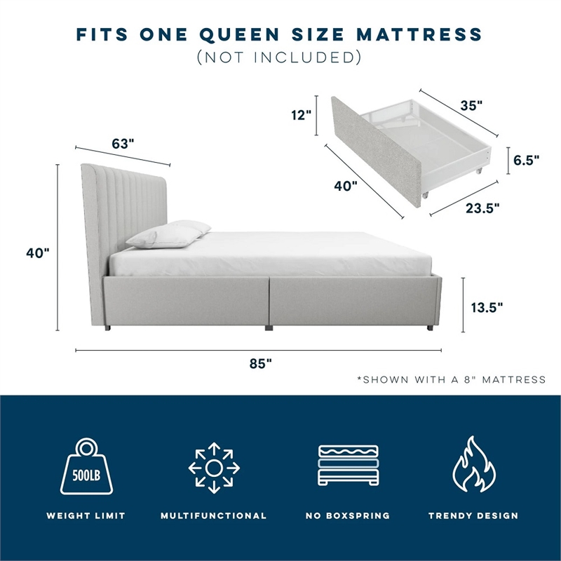 Pemberly Row Fabric Upholstered Queen Bed w/Storage Drawers in Light Gray