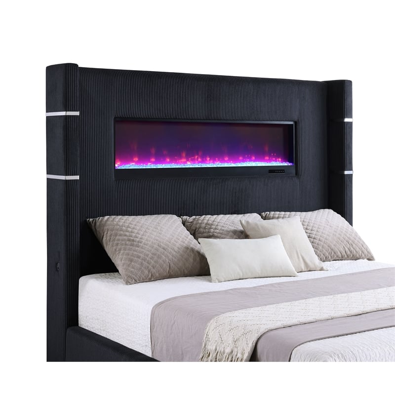 Pemberly Row Wingback Upholstered Fabric Eastern King Fireplace Bed Black