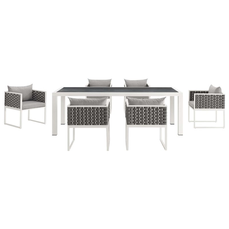 Pemberly Row 7-Piece Aluminum & Fabric Patio Dining Set in White and Gray
