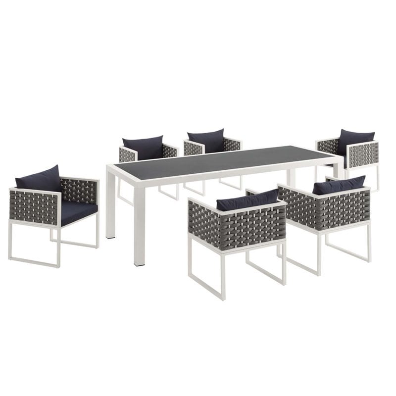 Pemberly Row 7-Piece Aluminum & Fabric Patio Dining Set in White and Navy